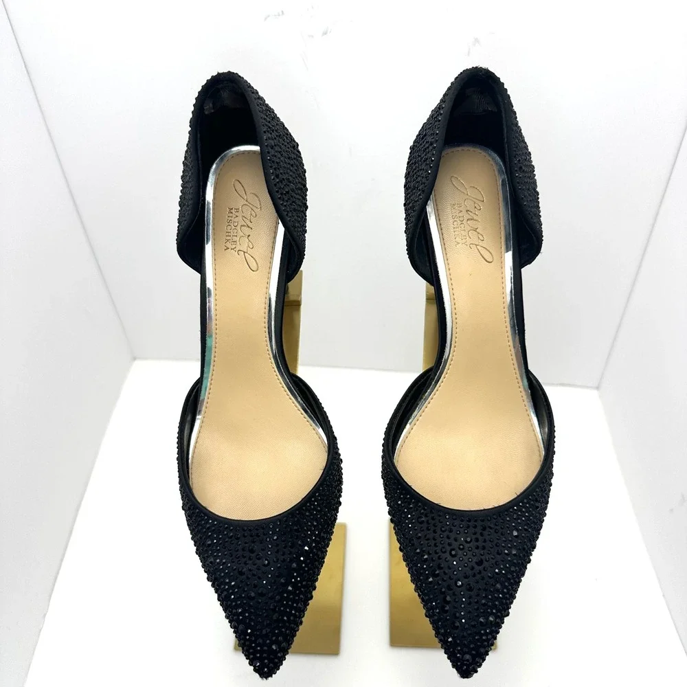 Jewel Badgley Mischka Black Rhinestone d'Orsay Pointed Toe Stiletto Pumps Size 8
